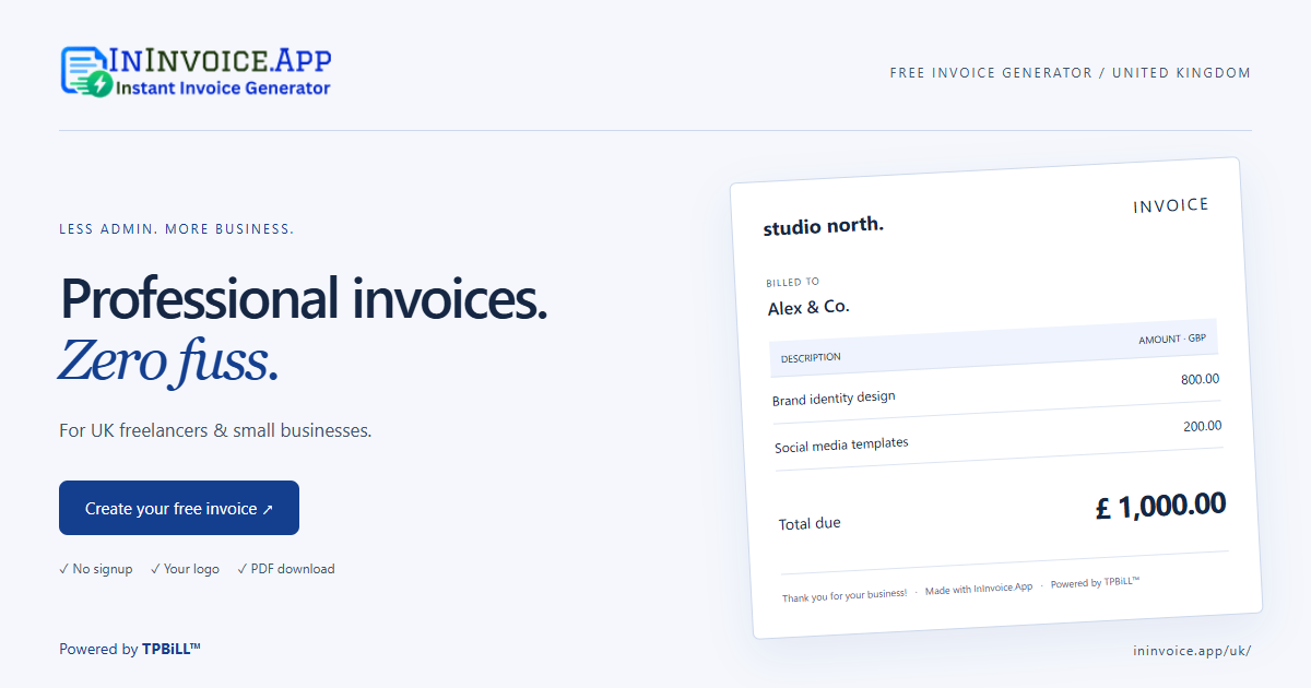 Free invoice generator for United Kingdom with GBP currency